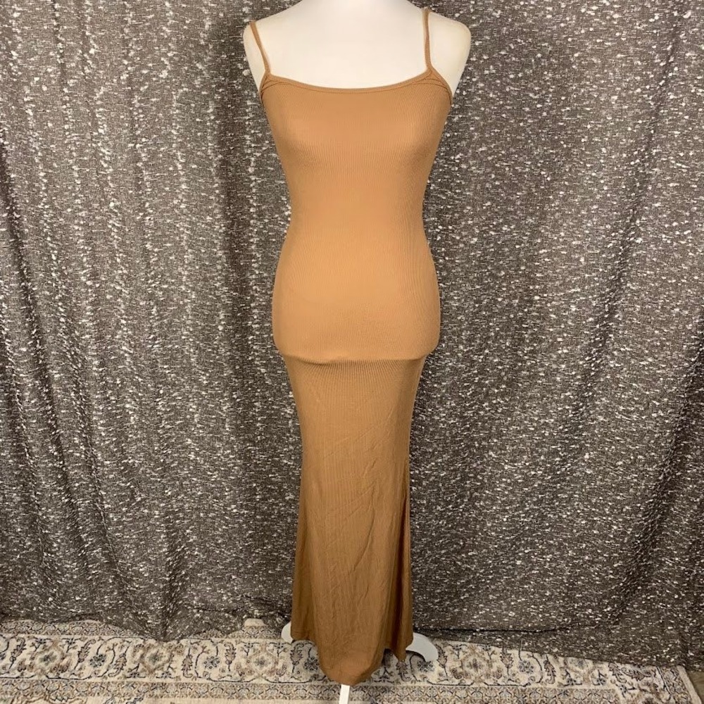 Skims Soft Lounge Long Slip Dress Camel Brown Ribbed Maxi Minimalist Small NWT